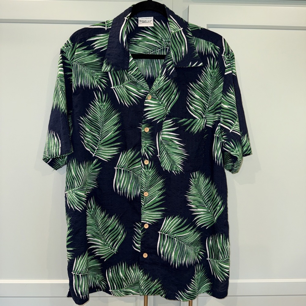 Rainforest Cafe Mens Hawaiian‎ Souvenir Shirt XL Palms Blue Green Cotton Linen